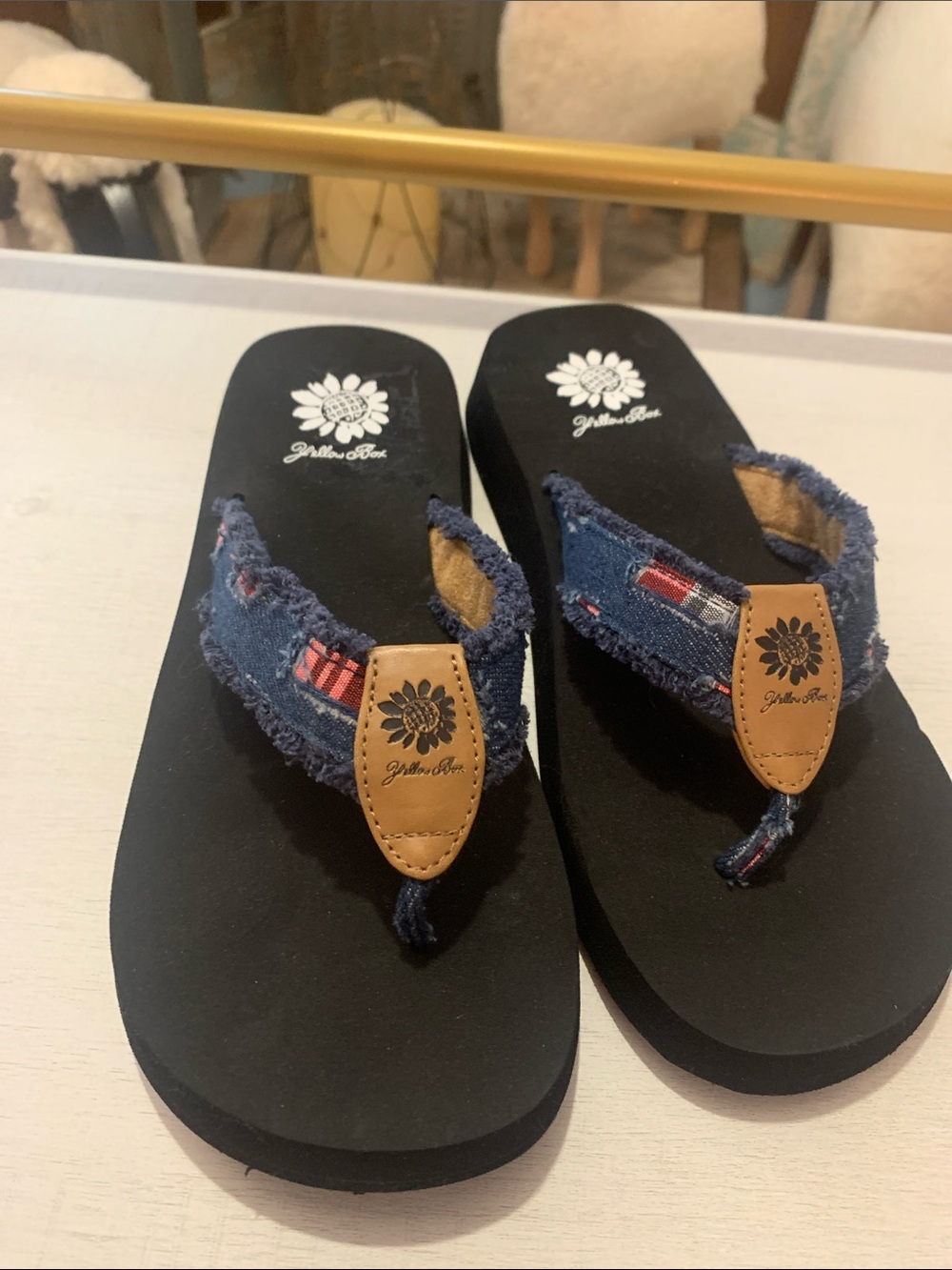 Yellow Box Denim Navy and Black Flip Flop Sandals with Tan Patch